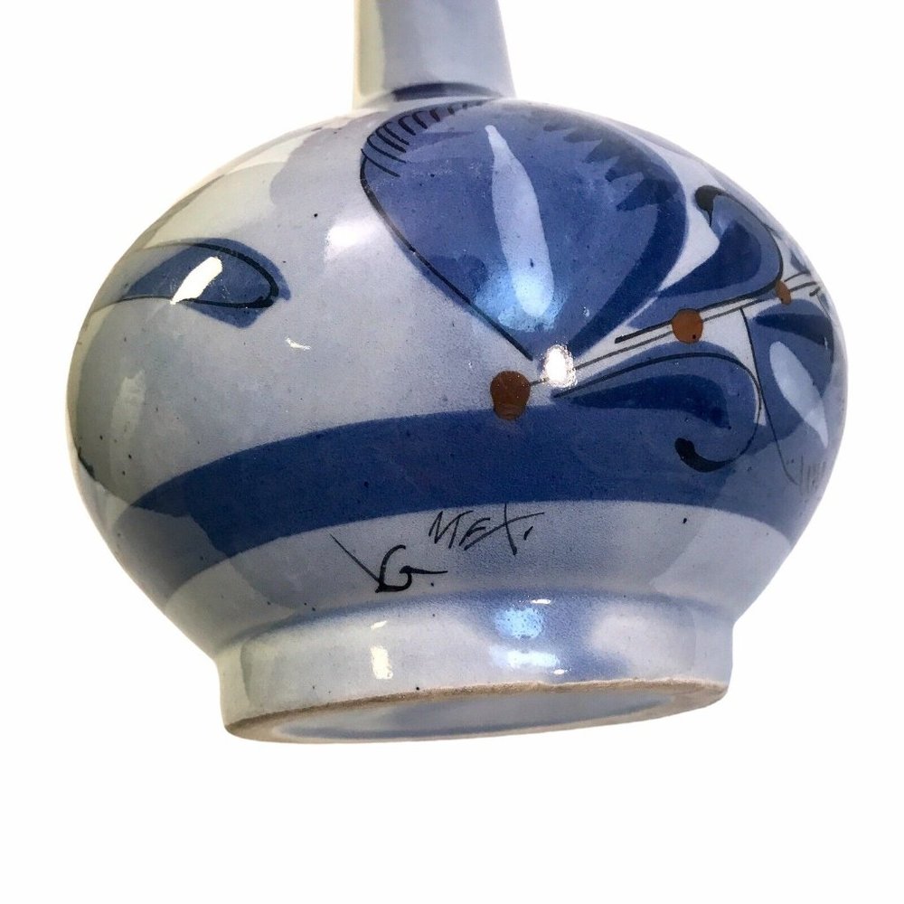 Vintage Tonala Mexican Pottery Vase Blue Birds Butterflies Floral 8.5" Signed VG - Picture 11 of 13